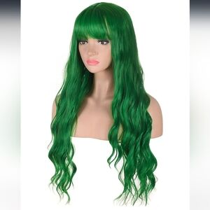 AMZCOS Long and Wavy Kelly Green Wig with Bangs